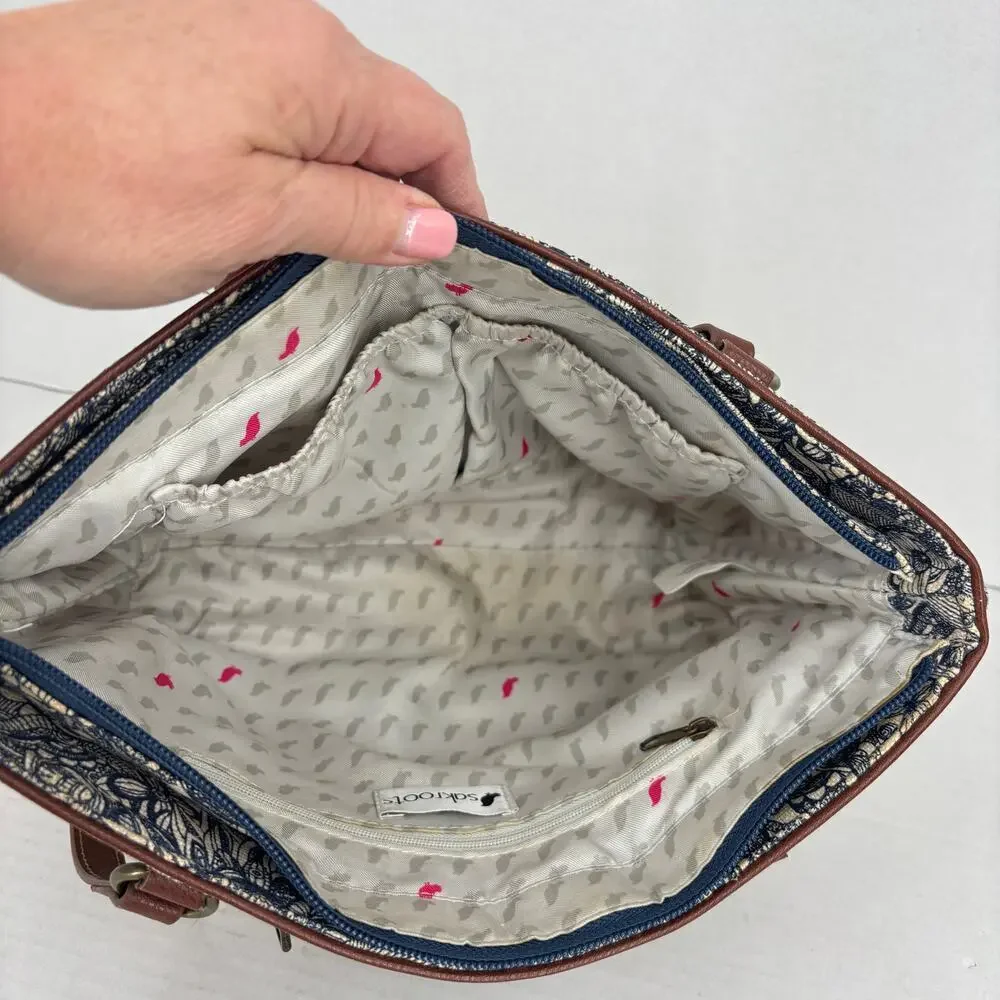 Sakroots Ellis Straw Satchel Shoulder Bag Blue Floral Boho Leather Trim Handbag - Picture 4 of 11